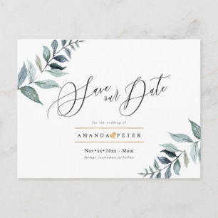 Carte Postale Feuillage bleu rustique Dusty Enregistrer la date
