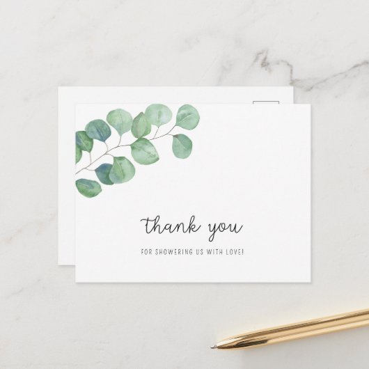 Carte Postale Feuillage d'eucalyptus - remerciement pour une bab (Devant/Arrière en situation)