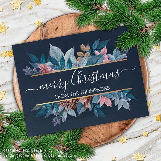 Carte Postale Feuillage Floral Rose Clair Sur Bleu Foncé