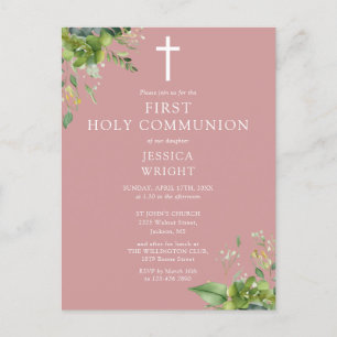 Carte Postale Feuillage Rose poussiéreux Première communion sacr