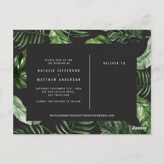 Carte Postale Feuillage tropical et lettrage manuel mariage (Dos)