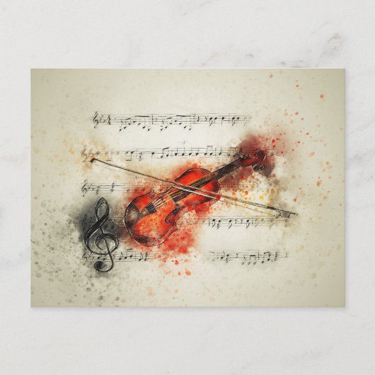 Carte Postale Feuille d'aquarelle Musique et violon (Devant)