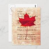 Carte Postale feuille d'érable canadienne rouge avec hymne natio (Devant / Derrière)