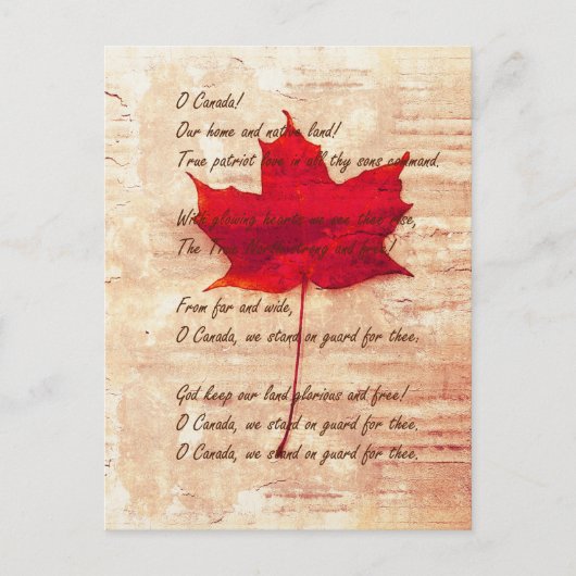 Carte Postale feuille d'érable canadienne rouge avec hymne natio (Devant)