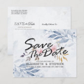 Carte Postale Feuilles d'aquarelle bleue Chic Mariage Enregistre (Devant / Derrière)