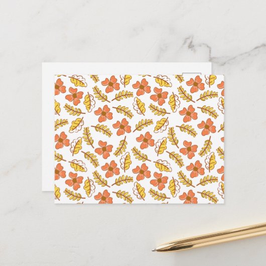 Carte Postale Feuilles d'automne chaudes tombant avec des fleurs (Devant/Arrière en situation)