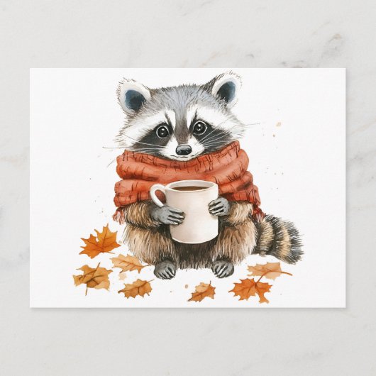 Carte Postale Feuilles d'automne douillette automne raccoon avec (Devant)