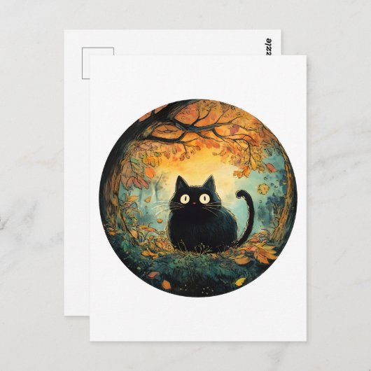 Carte Postale Feuilles d'automne douillette chute noir chat dans (Devant / Derrière)