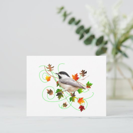 Carte Postale Feuilles de chickadee et d'automne (Debout devant)