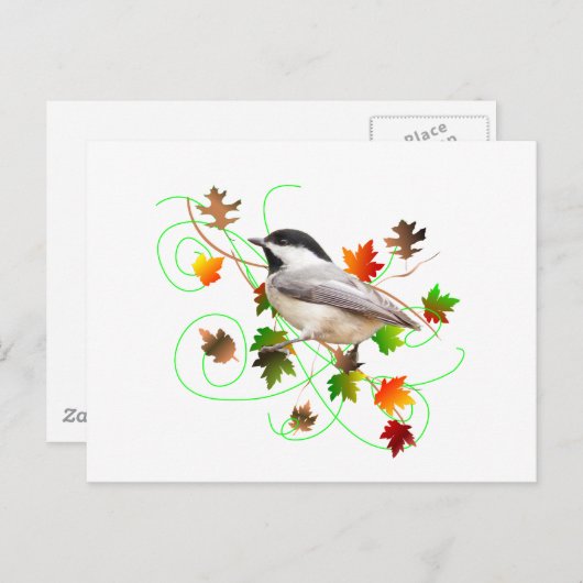 Carte Postale Feuilles de chickadee et d'automne (Devant / Derrière)