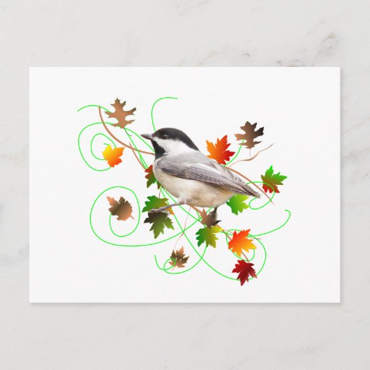 Carte Postale Feuilles de chickadee et d'automne (Devant)