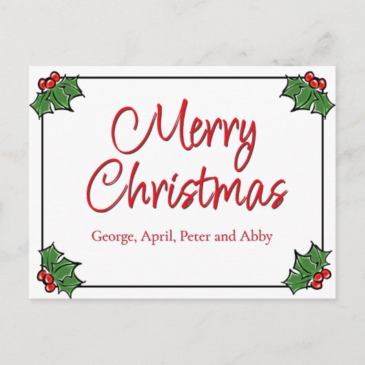 Carte Postale Feuilles de houx, baies de houx, couronne de Noël  (Devant)