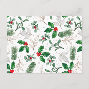 Carte Postale Feuilles de Noël et baies à l'aquarelle blanches