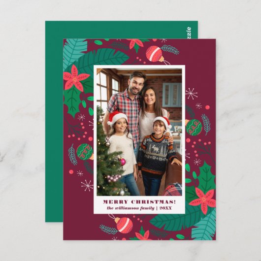 Carte Postale Feuilles de Noël modernes | Fête photo personnalis (Devant / Derrière)