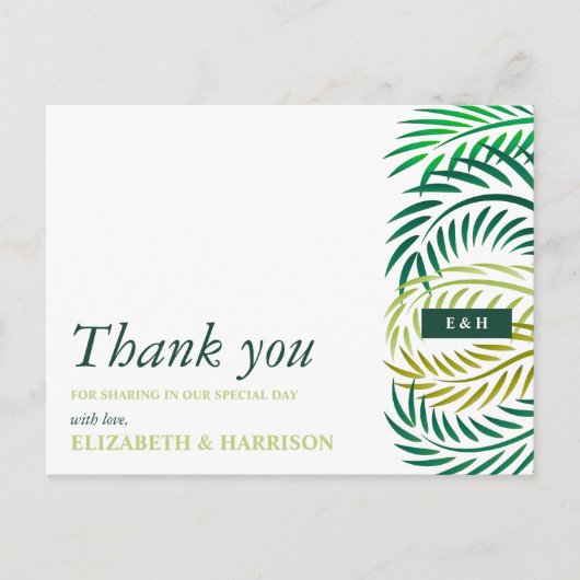 Carte Postale Feuilles de palmiers tropicaux, Merci de mariage d (Devant)