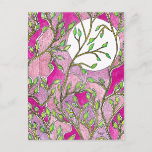 Carte Postale Feuilles et lune - Aquarelles roses