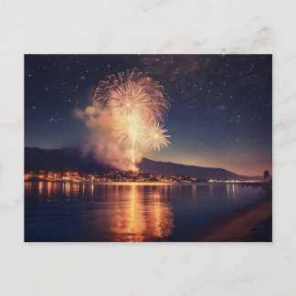 Carte Postale Feux d'artifice explosant au-dessus de la plage
