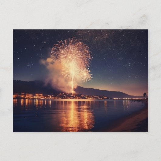 Carte Postale Feux d'artifice explosant au-dessus de la plage (Devant)