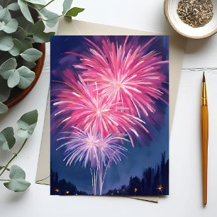 Carte Postale Feux d'artifice roses   Bonne année aquarelle