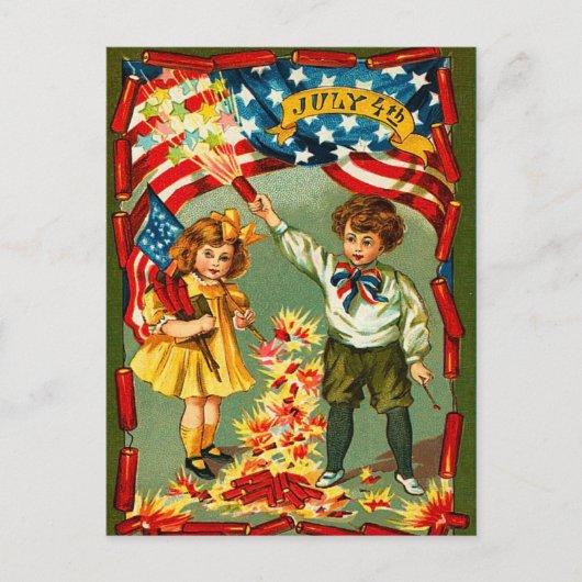 Carte Postale Feux d'artifice vintages et enfants (Devant)