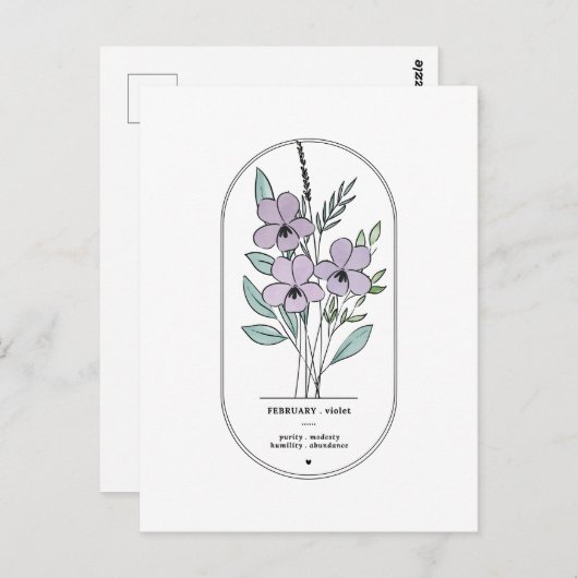 Carte Postale Février Violet Fleur de naissance (Devant / Derrière)