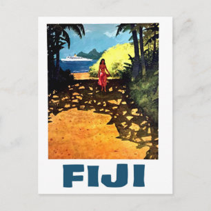 Carte Postale Fidji, femme sur la côte tropicale et bateau touri
