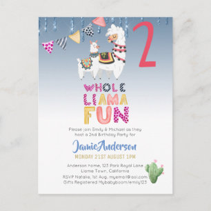 Carte Postale Fiesta Lama Mama 2e anniversaire garçon fille aqua