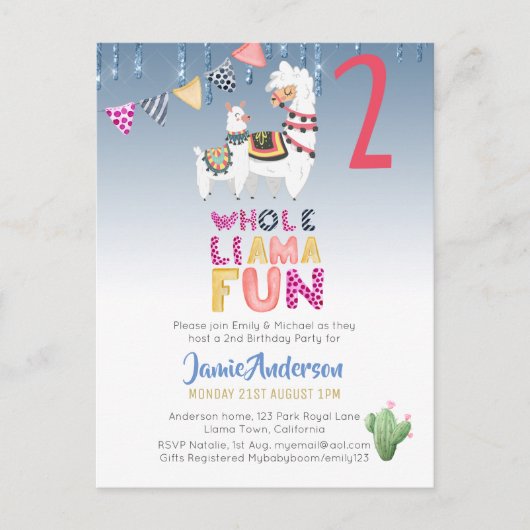 Carte Postale Fiesta Lama Mama 2e anniversaire garçon fille aqua (Devant)