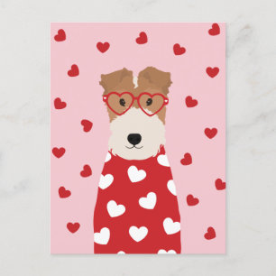 Carte Postale Fil Fox Terrier Lunettes de coeur de chien rose ro