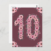 Carte Postale Fille 10e anniversaire Fleurs roses Feuillage vert (Devant / Derrière)