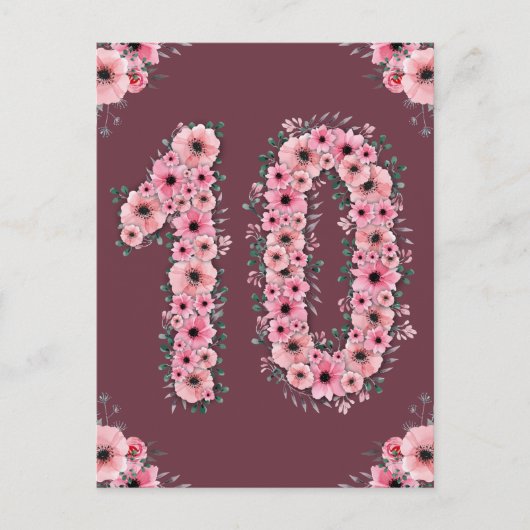 Carte Postale Fille 10e anniversaire Fleurs roses Feuillage vert (Devant)