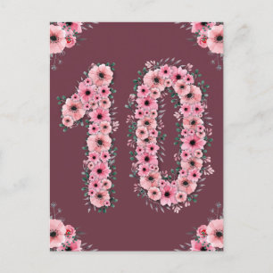 Carte Postale Fille 10ème anniversaire Fleurs roses Feuillage ve