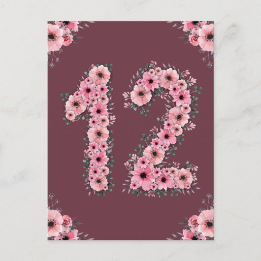 Carte Postale Fille 12e anniversaire Fleurs roses Feuillage vert (Devant)
