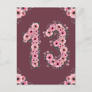 Carte Postale Fille 13e anniversaire gros fleurs roses feuillage