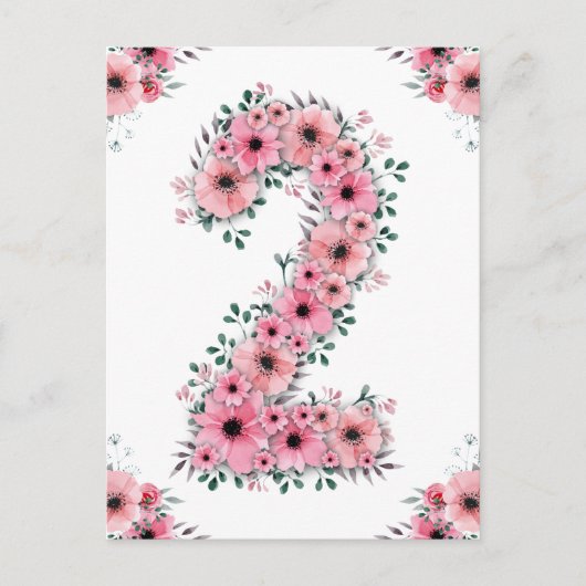 Carte Postale Fille 2e anniversaire Fleurs roses Feuillage vert (Devant)