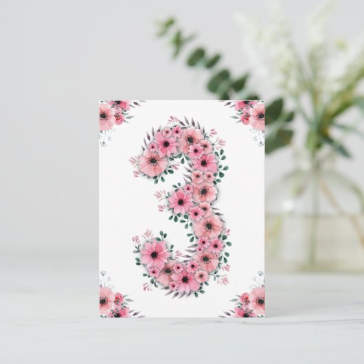 Carte Postale Fille 3ème anniversaire Fleurs roses Feuillage ver (Debout devant)