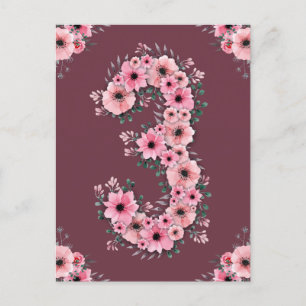 Carte Postale Fille 3ème anniversaire grandes fleurs roses feuil