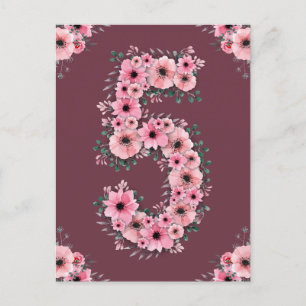Carte Postale Fille 5ème anniversaire Fleurs roses Feuillage ver