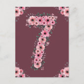 Carte Postale Fille 7ème anniversaire rose fleurs feuillage vert (Devant)