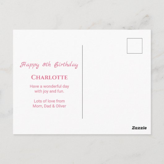 Carte Postale Fille 8ème anniversaire grand Fleurs roses Feuilla (Dos)