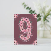 Carte Postale Fille 9e anniversaire Fleurs roses Feuillage vert (Debout devant)