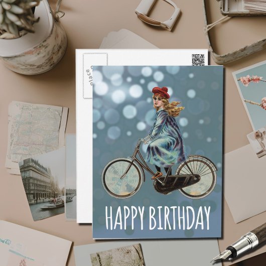 Carte Postale Fille à bicyclette vintage - Anniversaire