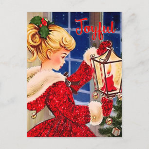 Carte Postale Fille à la lampe-bougie de Noël vintage rouge pail