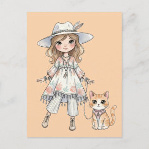 Carte Postale Fille à la mode se promenant avec son chat
