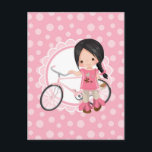 Carte Postale Fille à vélo aux cheveux noirs - Rose blanc<br><div class="desc">Ce design présente une jolie fille aux cheveux noirs avec son vélo rose. Sur fond rose et blanc avec accent de coquille mignon.</div>