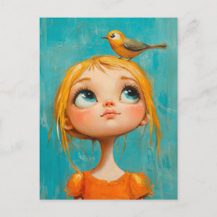 Carte Postale Fille adorable avec un oiseau sur la tête