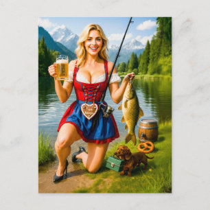 Carte Postale Fille amusante pêchant en tenue bavaroise traditio