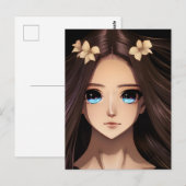 Carte Postale Fille Anime Brunette aux Yeux Bleus Anniversaire (Devant / Derrière)