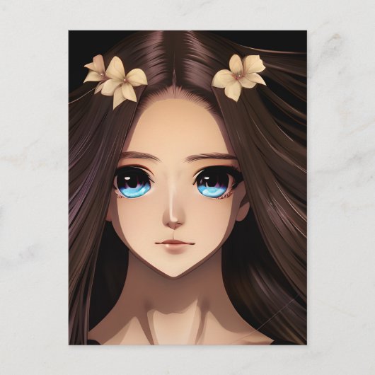 Carte Postale Fille Anime Brunette aux Yeux Bleus Anniversaire (Devant)