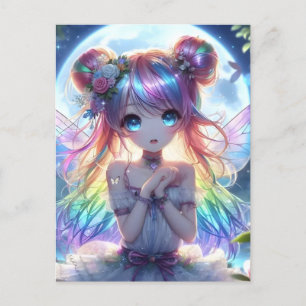 Carte Postale Fille Anime Cheveux Arc-en-Ciel Chantant Fée Lune